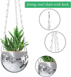 moonoom 2 Pcs Hanging Disco Ball Planter - 4Inch Sliver Disco Mirror Ball Planter with Chain - Home Boho Hanging Planter for Indoor Outdoor Plants
