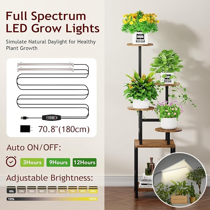 Round Plant Stand Indoor with Grow Light, 5-Tiered Tall Plant Stand Indoor, Metal Plant Shelf with Adjustable Light, Ideal for Living Room, Garden, Patio (Black Brown)