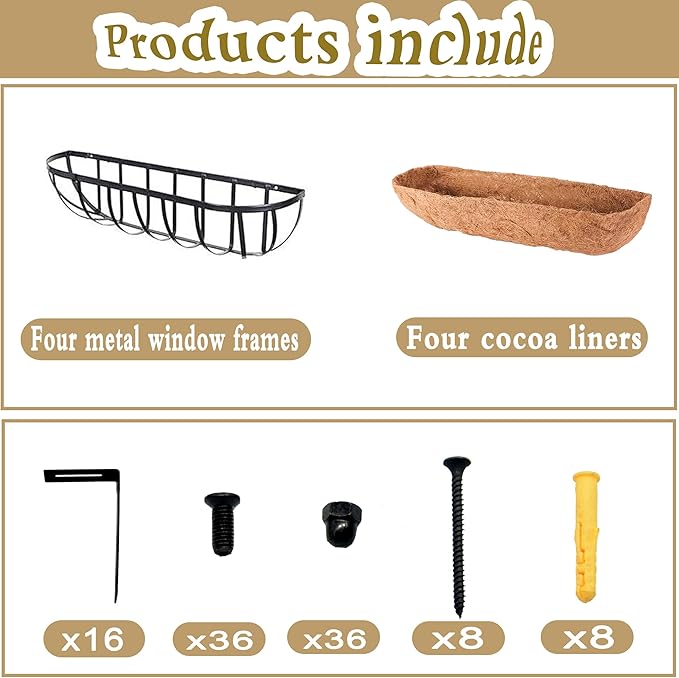 4pack 30-inch Window Sill Window Railing Planters with Cocoa Liner for Outdoor Balconies, Porches, Fences, Patio Railings