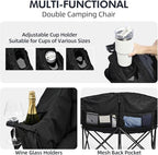 Double Camping Chair Padded Loveseat Chair for 2 Person - Heavy Duty Oversized Camping Couch for Adults Outdoor Sports Lawn Beach Portable Folding XL Chairs with Cup Holders and Carry Bag, All Black