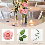 Artificial Pink Roses, 200 Pieces with 100 Leaves, Wired Stems