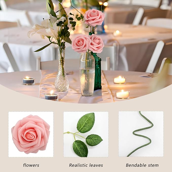 Artificial Pink Roses, 200 Pieces with 100 Leaves, Wired Stems