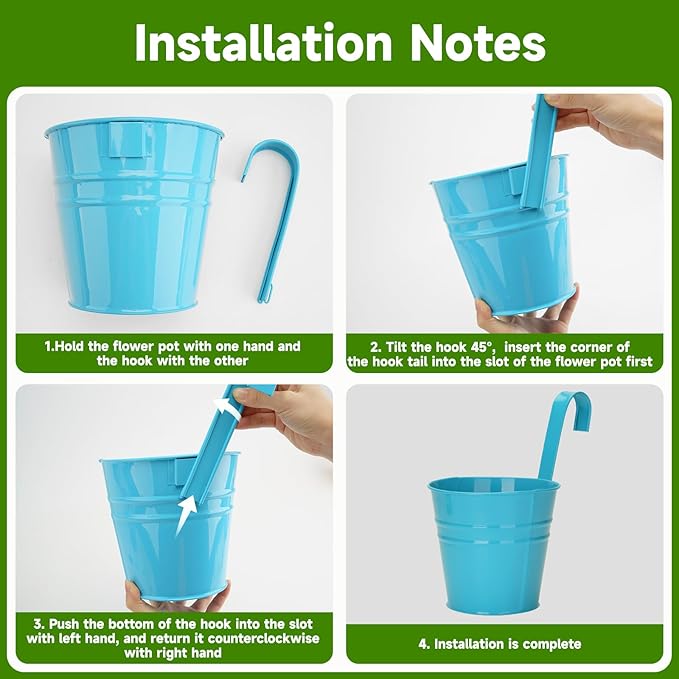 KINGLAKE Flower Pots,10 Pcs Metal Iron Hanging Flower Plant Pot Balcony Garden Plant Planter Baskets Fence Bucket Pots 6.3'' Flower Holders with Detachable Hook