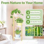 iDavosic.ly 3 Tier Bamboo Plant Stand Indoor Outdoor with Plastic Tray, Tiered Corner Flower Holder Shelf, Space Saving Orchid Display Rack for Patio Porch Living Room Garden Balcony, Natural White