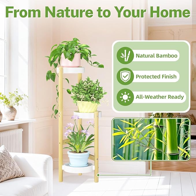iDavosic.ly 3 Tier Bamboo Plant Stand Indoor Outdoor with Plastic Tray, Tiered Corner Flower Holder Shelf, Space Saving Orchid Display Rack for Patio Porch Living Room Garden Balcony, Natural White