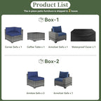 Aoxun 6 Piece Patio Furniture Set with Wide Armrests Wicker Rattan Outdoor Sectional Sofa Set with Coffee Table and Thickened Cushions, Grey/Blue(Waterproof Cover Included)