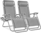 Best Choice Products Set of 2 Adjustable Steel Mesh Zero Gravity Lounge Chair Recliners w/Pillows and Cup Holder Trays - Dove Gray
