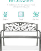 Best Choice Products Outdoor Bench Steel Garden Patio Porch Furniture for Lawn, Park, Deck w/Floral Design Backrest, Slatted Seat - Gray
