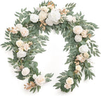 Artificial Flower Garland, 6 Ft Eucalyptus & Willow Leaf in White Beige