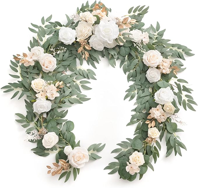 Artificial Flower Garland, 6 Ft Eucalyptus & Willow Leaf in White Beige