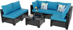 Outdoor Wicker Patio Furniture Set, Rattan Sectional Sofa Set with Thick Cushions (Coffee/Peacock Blue, 7 Piece Sofa Set)