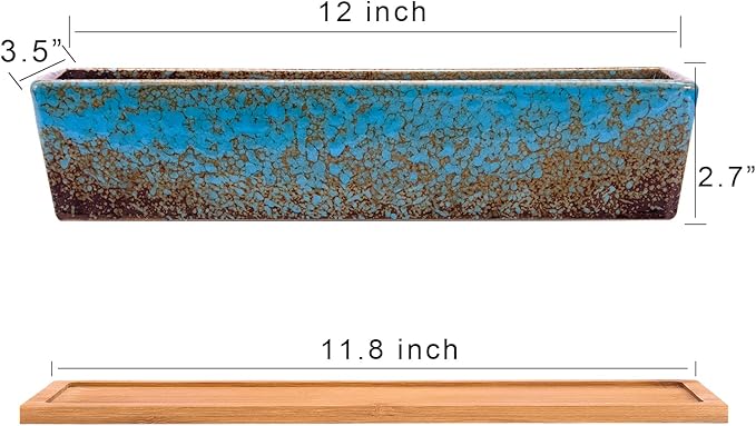 ARTKETTY Succulent Pots - Large Succulent Planter Pots with Drainage, 12 Inch Long Rectangle Bonsai Pot with Bamboo Tray Shallow Ceramic Cactus Flower Planter Window Box for Home Garden Decor (Blue)
