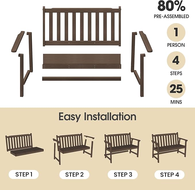 Ciokea 48" Outdoor Bench, HDPE Weatherproof Porch Bench, 2-Person Garden Benches with 550 Lbs, Waterproof Patio Benches for Outside Balcony Deck Backyard, Brown