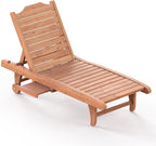 Wooden Chaise Lounge Chair, 3-Position Adjustable Outdoor Tanning Chair with Hidden Side Tray & Wheels, Poolside Patio Sun Chair