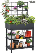 Metal Raised Garden Bed with Trellis & 2-Tier Storage Shelf, Elevated Planter Box with Legs -Includes 3 Flower Pots, Outdoor Vertical Garden for Vegetables Herbs Climbing Plants Patio Balcony