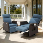 Adjustable Outdoor Recliner Chair with Independent Backrest & Footrest, Patio Swivel Recliner Chair, Wicker Reclining Patio Chair w/Flip-Up Table, 155° Lay Flat Chaise Lounge, Blue, 2PCS