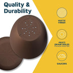 Brown Plant Pots with Drainage Holes & Saucers 3 Pack, Indoor & Outdoor Stackable Space-Saving Planters for Houseplants & Flowers, (7", 6.7", and 6" Inches), Durable & Weatherproof Materials