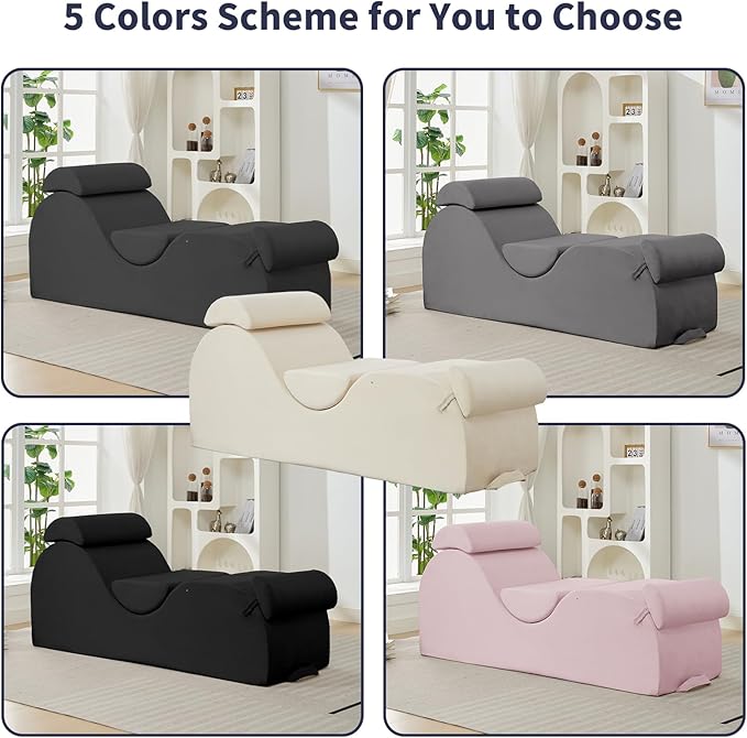 ijuicy Sleek Chaise Lounge Chair for Exercise/Yoga, Indoor Lounger with Headrest, Waist Cushion, Movable Footrest, Side Pockets, Non-Slip Bottom, High Density Sponge, Black