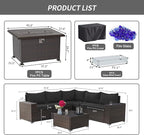 Kullavik 7 Pieces Outdoor Patio Furniture Set with 43" 55000BTU Gas Propane Fire Pit Table PE Wicker Rattan Sectional Sofa Patio Conversation Sets,Black