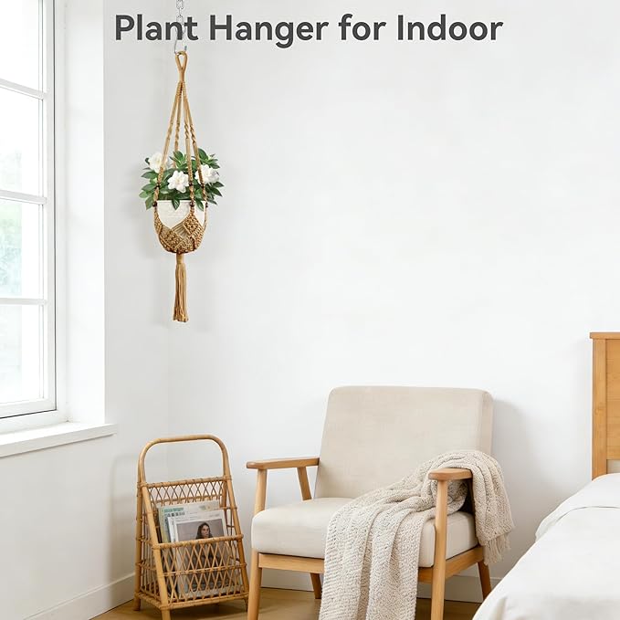 USLAI Macrame Plant Hanger Indoor Outdoor, Fits 3 to 6.5 inch Pots, Hanging Planter Holder with Beads and Tassels, Boho Home Decor, 35+35 Inch, Brown (POTS NOT Included)