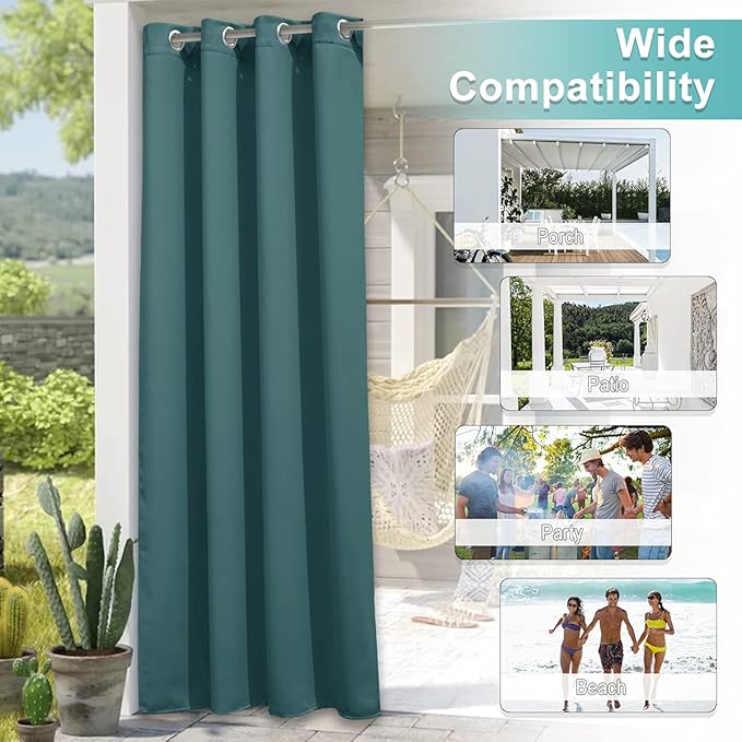 NICETOWN Patio Outdoor Curtain Waterproof, Thermal Insulated Rustproof Grommet Blackout Indoor Outdoor Gazebo Curtain/Drape for Outdoor Activity, Teal, 1 Panel, W52 by L84