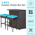 Tangkula Patio Bar Set, 3 Piece Outdoor Rattan Wicker Bar Set with 2 Cushions Stools & Glass Top Table, Outdoor Furniture Set for Patios Backyards Porches Gardens Poolside (Turquoise)