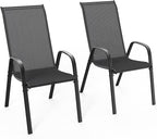 VINGLI Patio Chairs Set of 2 – Stackable Outdoor Dining Chairs with Comfortable Sling High Back Chairs and Armrests for Lawn, Poolside, Courtyard, Balcony, Garden, Black