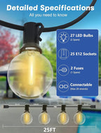 String Lights 25 Ft G40 LED Globes, Warm White, IP44 Waterproof