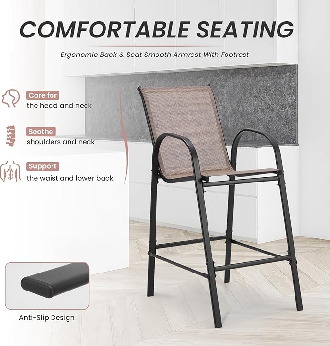 HOMREST Outdoor Bar Height Stools Set of 6,High Back Patio Chairs with Armrests,Textilene Chairs with Breathable Fabric & Metal Frame for All Weather,Taupe