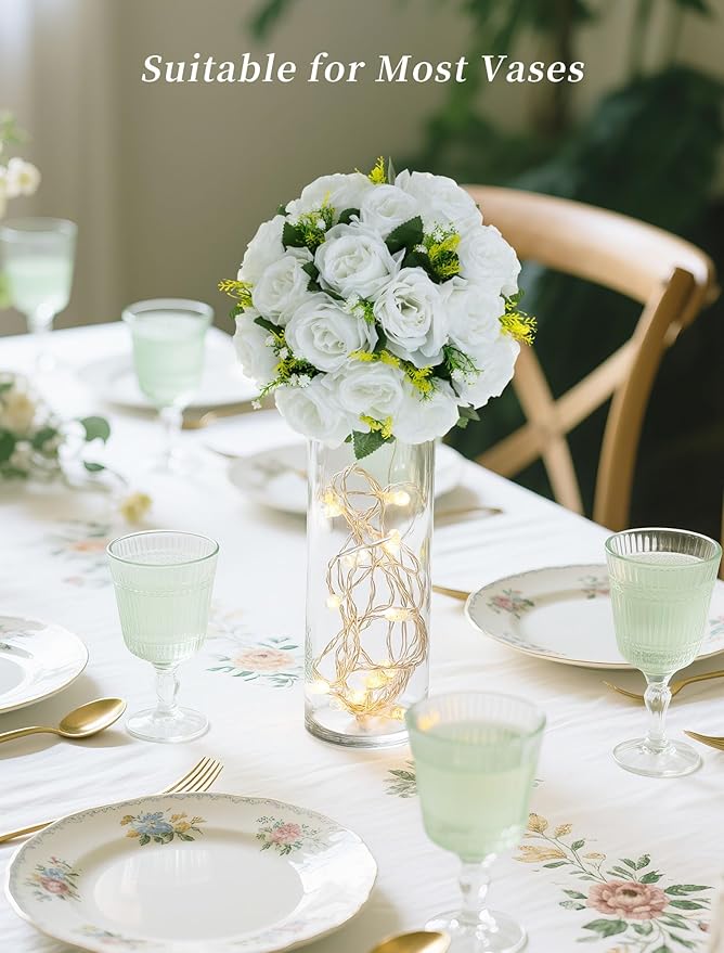 Artificial Flowers White Silk Rose Ball Centerpieces with Plastic Base