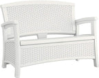Suncast Elements Stylish Lightweight Loveseat Outdoor Seating with Convenient Built In Universal Storage, and All Weather Plastic, White