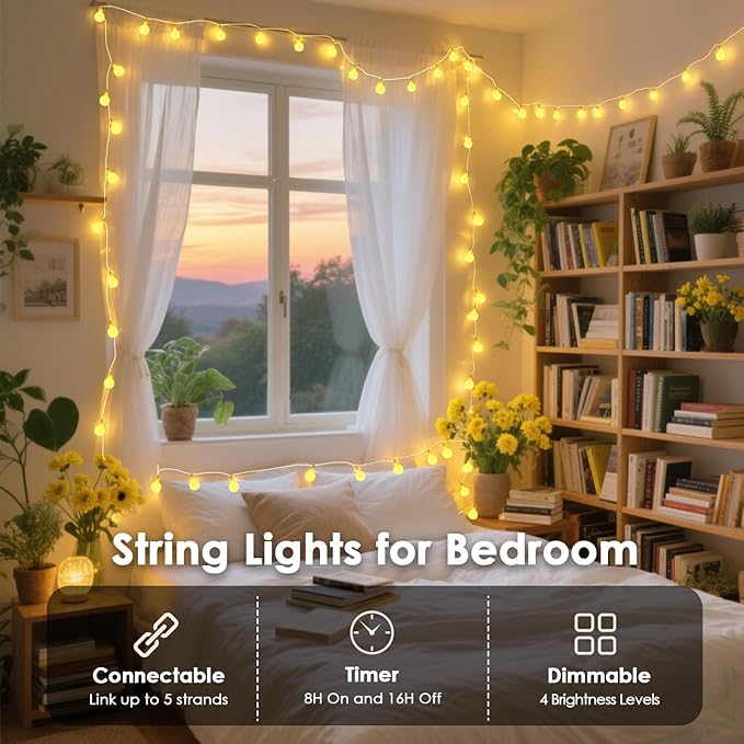 String Lights Warm White LED Globe, 300 Bulbs 108ft Connectable