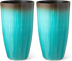 Glitzhome 23.5" H Tall Outdoor Planter, Set of 2 Large Tall Planters with Gradient Turquoise Faux Ceramic Finish, Large Flower Pots for Porch Garden Patio Indoor All Season Decor,with Drainage Holes