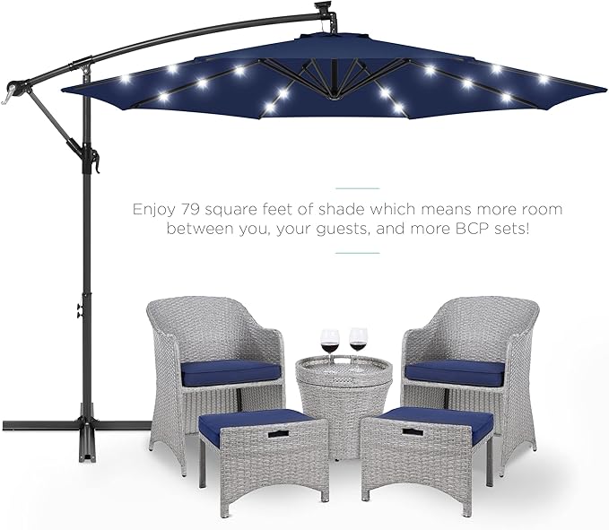 Best Choice Products 10ft Solar LED Offset Cantilever Hanging Market Patio Umbrella, 8 Sturdy Ribs, Easy Adjustment - Navy Blue