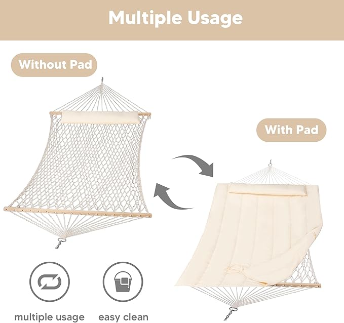 SUNCREAT Hammocks Replacement Hammock for Stand, 475 lbs Capacity, Two Person Backyard Hammock with Pad for Outside, Beige