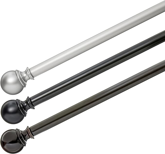 Amazon Basics Adjustable Curtain Rod for Windows, Round Finials, Easy Installation, Sturdy, 1-Inch Rod, 36" to 72", Black, 2-Pack