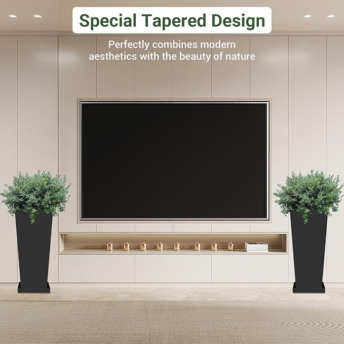 Tall Outdoor Planters Set of 2, 26 inch Tall Planters for Outdoor and Indoor, Metal Tapered Pots with Drainage Holes & Insert Shelves & Trays for Porch, Garden, Patio, Yard