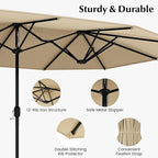 Tangkula 10 Pieces Patio Wicker Dining Set w/Double-Sided Patio Umbrella, Outdoor Acacia Wood Furniture Set w/ 8 Armchairs, 71” Dining Table & 15 ft Umbrella with Weighted Base (Beige)