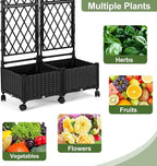 Planter Box with Trellis, 4ft Tall Self-Watering Plastic Raised Garden Beds and Lattice Trellis with Lockable Wheels & Drain Plug for Outdoor Patio Backyard Balcony, Black, 2 Pcs