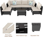 Outdoor Wicker Patio Furniture Set, Rattan Sectional Sofa Set with Thick Cushions (Coffee/Beige, 7 Piece Sofa Set)