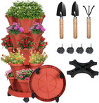 Vertical Strawberry Planter-5 Tier Stackable Herb Tower Planters Stacking Garden Planters Pot Outdoor with Tools Removable Wheels for Growing Flowers, Vegetables and Succulents