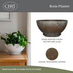Classic Home and Garden Rosie Modern Planter w/Drainage - Contemporary Planter Bowls - Shallow Round Vases for Small Plants - Versatile Indoor & Outdoor Pots (10” Weathered Copper)
