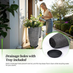 QCQHDU Large Tall Dark Gray Planters Set of 2-9 Gallon 12" Round Outdoor Planters for Front Door & Patio, Faux Stone Indoor Plant Pots with Tray, Porch Decor Plant Containers