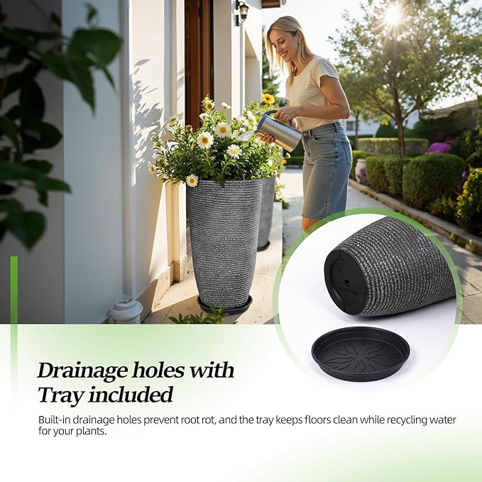 QCQHDU Large Tall Dark Gray Planters Set of 2-9 Gallon 12" Round Outdoor Planters for Front Door & Patio, Faux Stone Indoor Plant Pots with Tray, Porch Decor Plant Containers