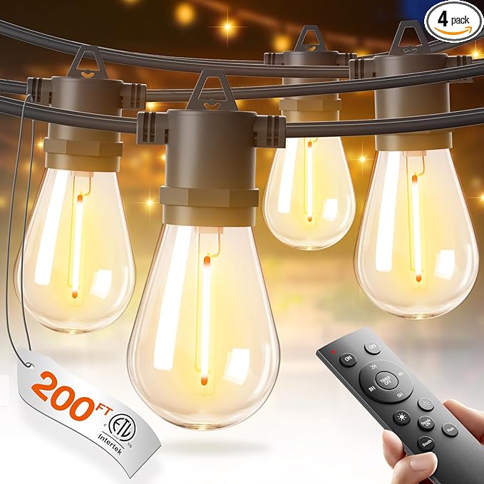 addlon 200FT(4-Pack*50FT) LED Outdoor String Lights with Edison Shatterproof Bulbs, Heavy-Duty and Weatherproof Strand, Commercial Grade Patio Lights, Decorative for Garden or Patio, Black