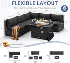 NICESOUL 6 Piece Outdoor Patio Furniture Set with Fireplace Table Natural Gas & Propane, 29.3'' High-Back L Shaped Sectional Sofa Set, Large Deep Seated Modern Conversation Couch for Tall People, Gray
