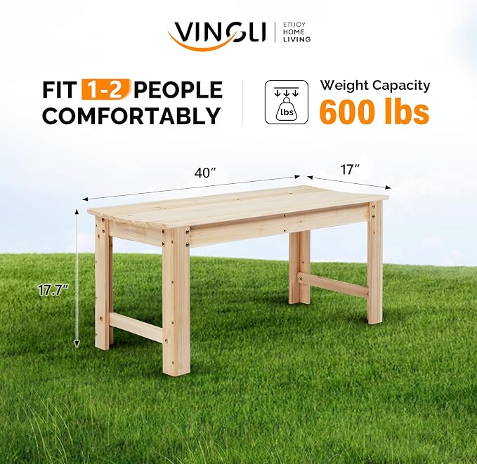 Outdoor Bench, 40-Inch Solid Fir Wood, Natural Rustic Style