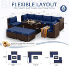 NICESOUL 9 Piece Patio Furniture Set with Fire Pit Natural Gas/Propane, 29.3'' High Back Comfy Outdoor Wicker Conversation Set, XL Large Deep Sitting Sectional Sets, Brown Rattan and Navy Blue Cushion