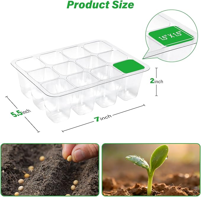 Bonviee 12 Packs Seed Starter Tray with Drainage Holes, Reusable & Durable, Clear for Root Monitoring, Easy to Repotted Without Root Damage, 12 Cells per Tray