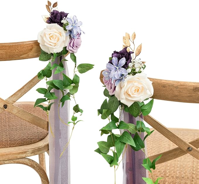 Artificial Wedding Pew Flowers, 8 Pcs Lilac and Gold Silk Aisle Decor